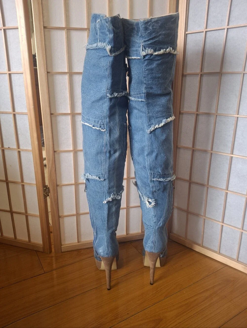Denim Over-the-Knee Peep-Toe Denim Boots